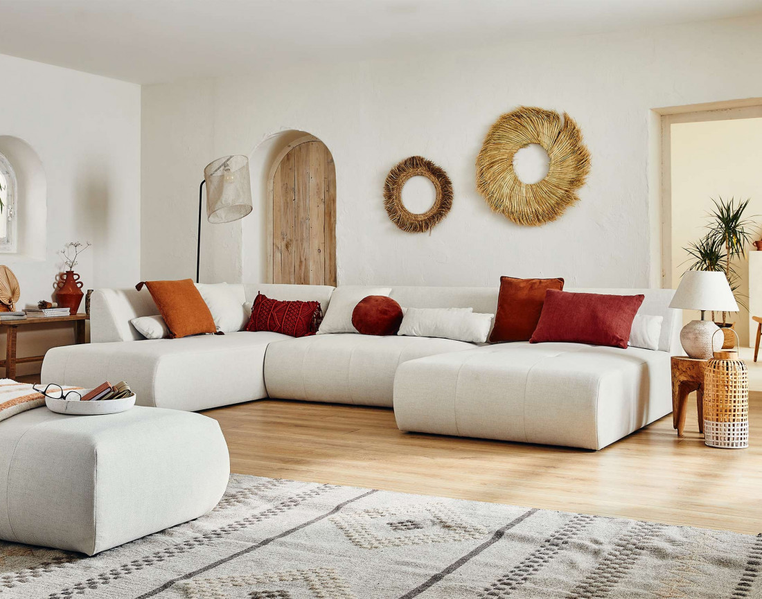 Canapé panoramique d'angle gauche 7 places en tissu Onyx