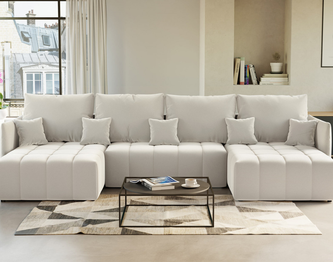 Canapé panoramique en U 7 places convertible avec coffre en velours Petra