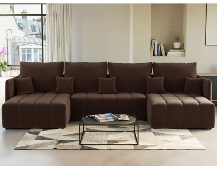 Canapé panoramique en U 7 places convertible avec coffre en velours Petra