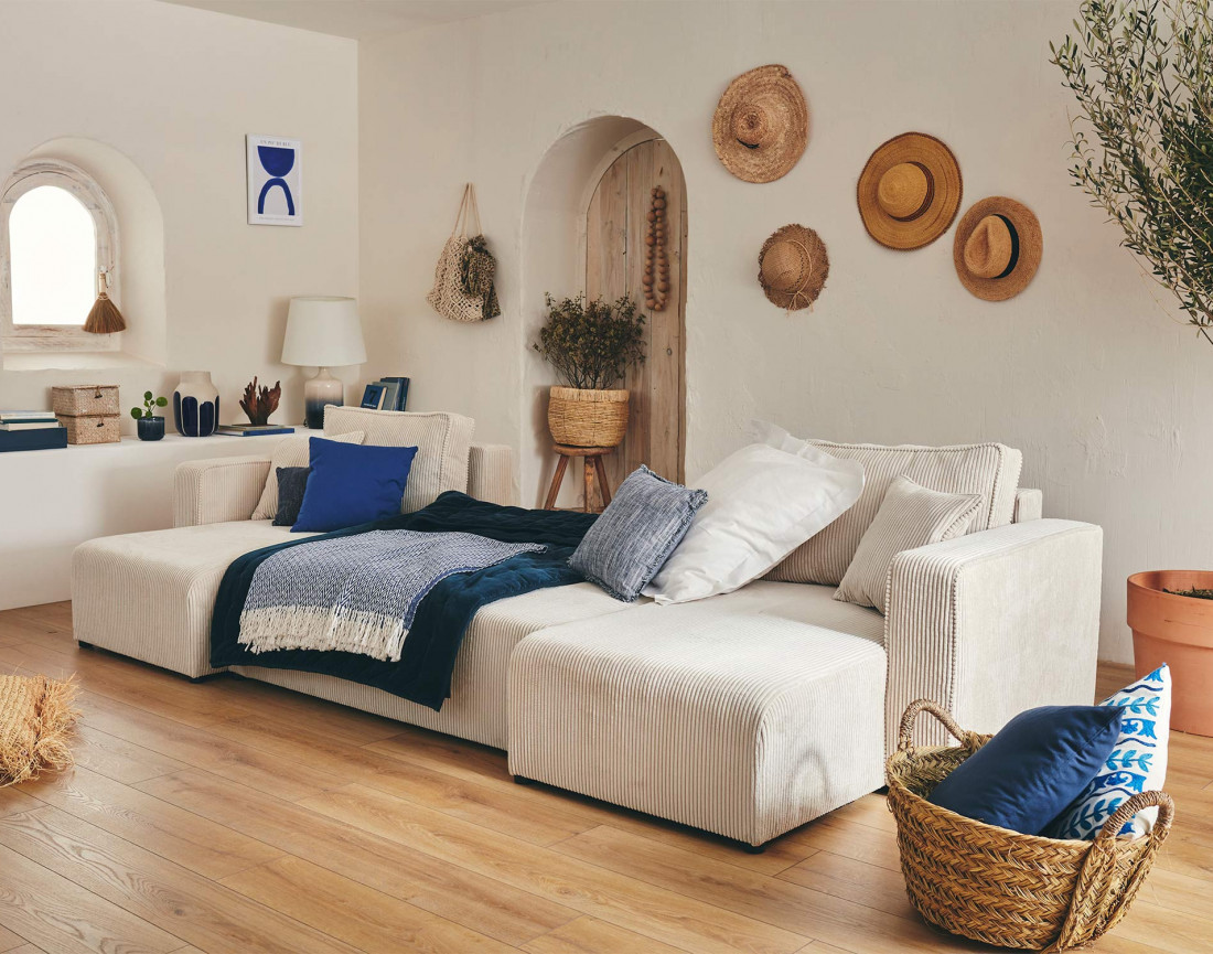 Canapé panoramique en U 7 places convertible avec coffre en velours côtelé Topaze