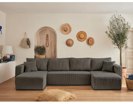 Canapé panoramique en U 7 places convertible avec coffre en velours côtelé Topaze