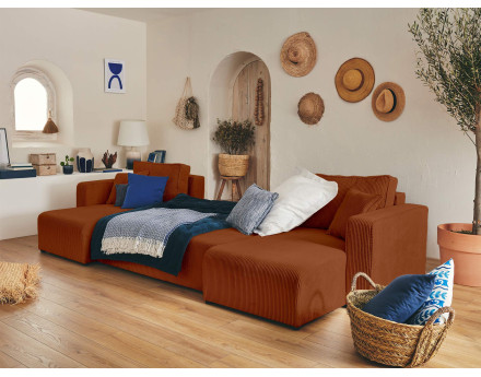 Canapé panoramique en U 7 places convertible avec coffre en velours côtelé Topaze