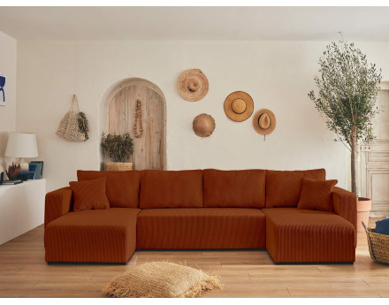 Canapé panoramique en U 7 places convertible avec coffre en velours côtelé Topaze