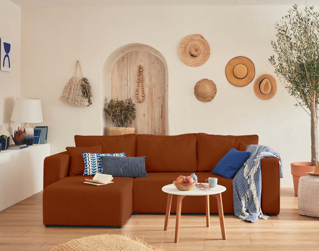 Canapé d'angle réversible 4 places convertible avec coffre en velours côtelé Topaze