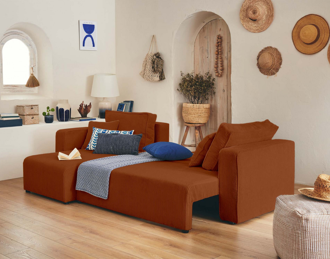 Canapé d'angle réversible 4 places convertible avec coffre en velours côtelé Topaze