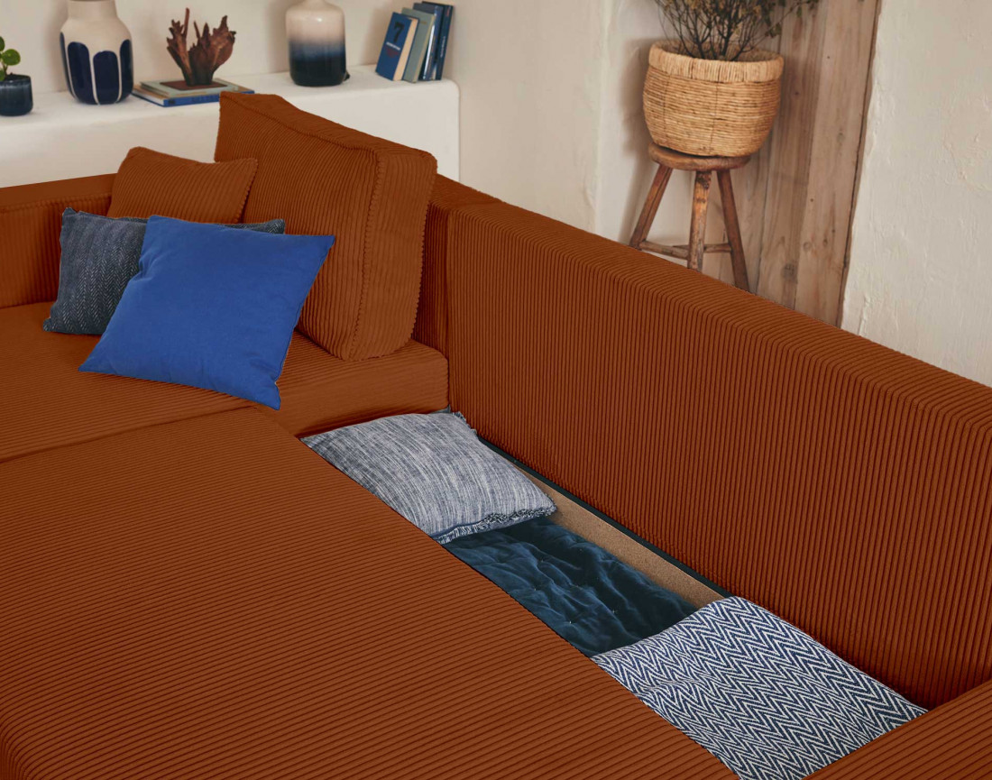 Canapé d'angle réversible 4 places convertible avec coffre en velours côtelé Topaze