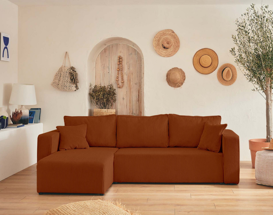 Canapé d'angle réversible 4 places convertible avec coffre en velours côtelé Topaze