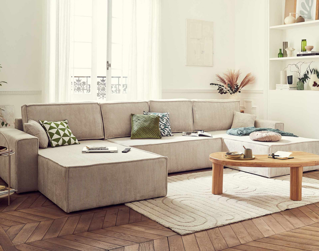 Dellia - canapé panoramique en U 7 places convertible avec coffre en velours côtelé - style contemporain