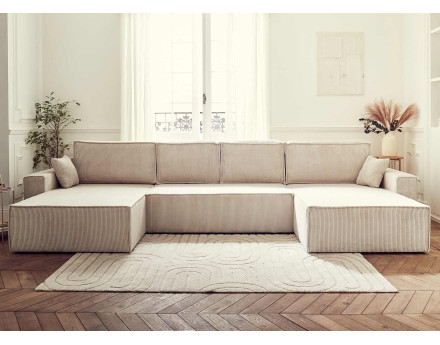 Dellia - canapé panoramique en U 7 places convertible avec coffre en velours côtelé - style contemporain