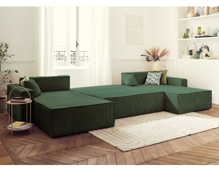 Dellia - canapé panoramique en U 7 places convertible avec coffre en velours côtelé - style contemporain