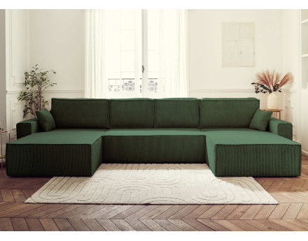 Dellia - canapé panoramique en U 7 places convertible avec coffre en velours côtelé - style contemporain