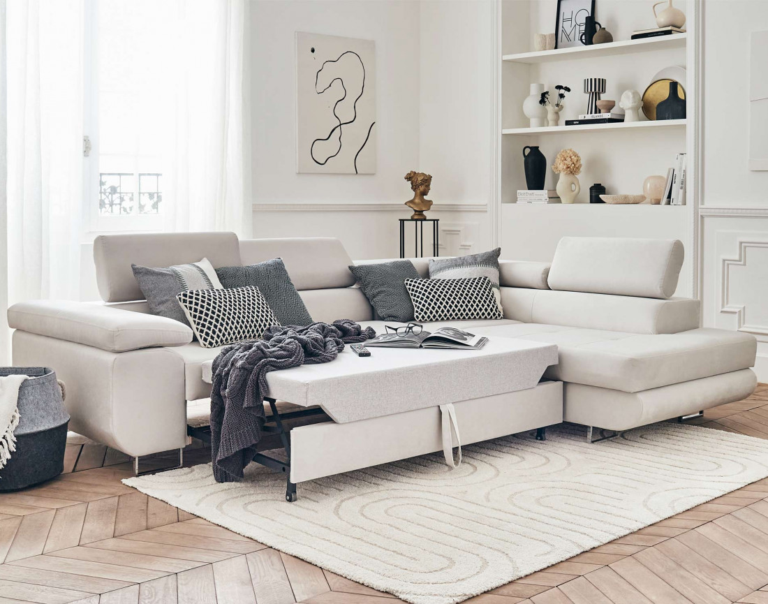 Pablo - canapé d'angle droit en velours convertible avec coffre et têtières réglables 5 places - style contemporain