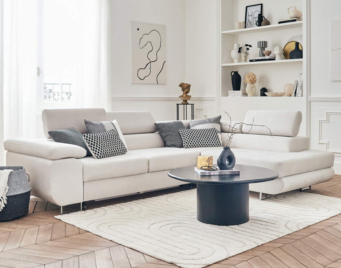 Pablo - canapé d'angle droit en velours convertible avec coffre et têtières réglables 5 places - style contemporain