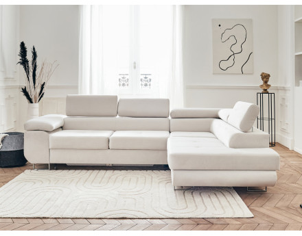 Pablo - canapé d'angle droit en velours convertible avec coffre et têtières réglables 5 places - style contemporain