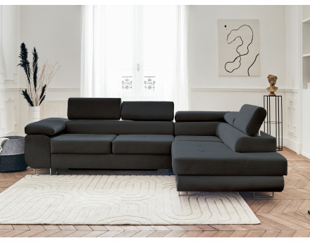 Pablo - canapé d'angle droit en velours convertible avec coffre et têtières réglables 5 places - style contemporain