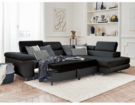 Pablo - canapé d'angle droit en velours convertible avec coffre et têtières réglables 5 places - style contemporain