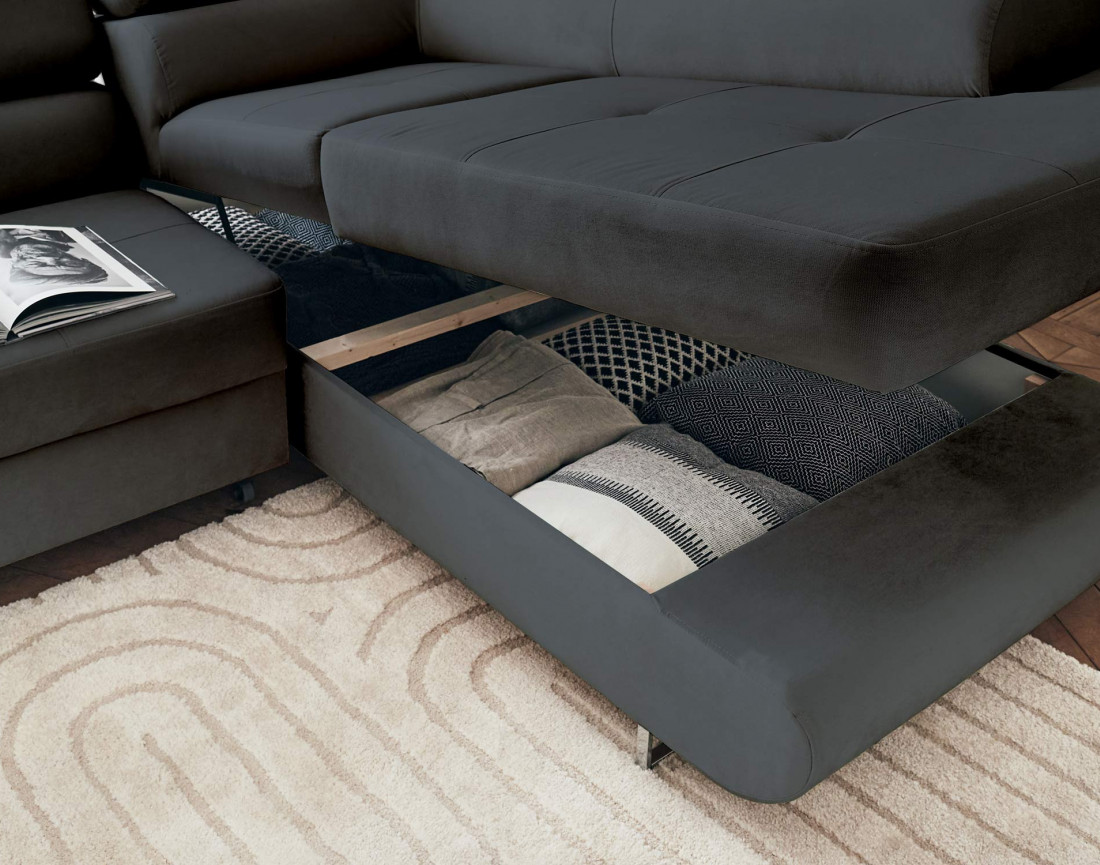 Pablo - canapé d'angle droit en velours convertible avec coffre et têtières réglables 5 places - style contemporain