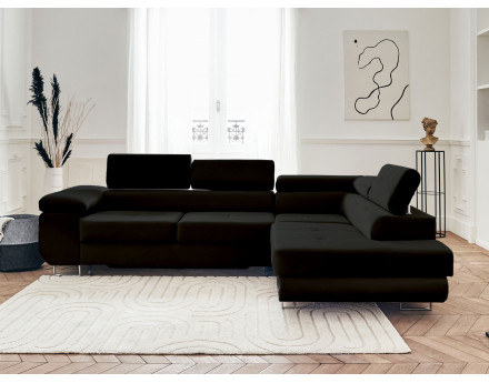 Pablo - canapé d'angle droit en velours convertible avec coffre et têtières réglables 5 places - style contemporain