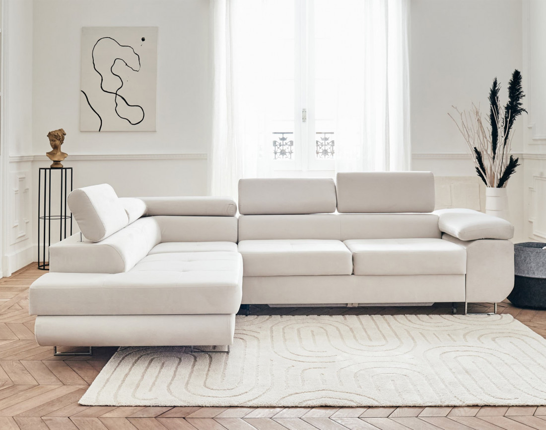Pablo - canapé d'angle gauche en velours convertible avec coffre et têtières réglables 5 places - style contemporain