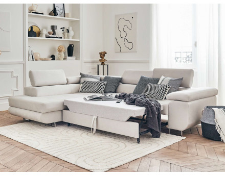 Pablo - canapé d'angle gauche en velours convertible avec coffre et têtières réglables 5 places - style contemporain