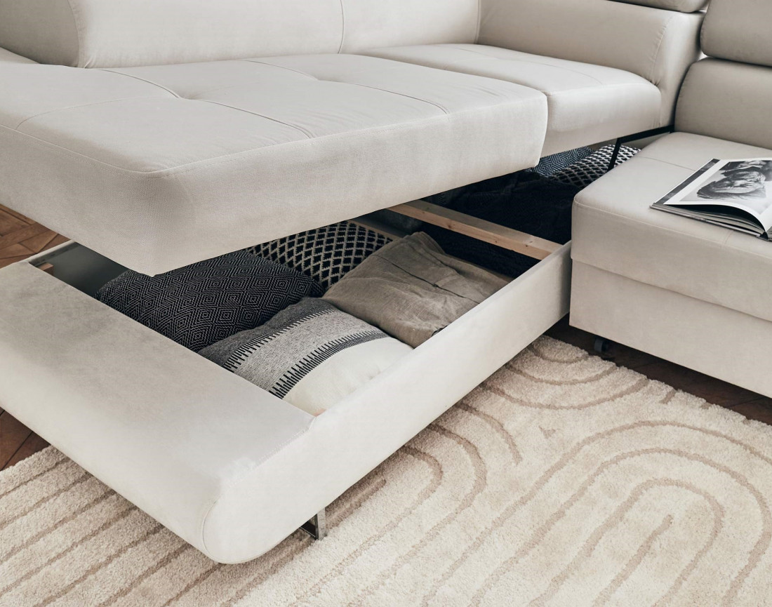 Pablo - canapé d'angle gauche en velours convertible avec coffre et têtières réglables 5 places - style contemporain