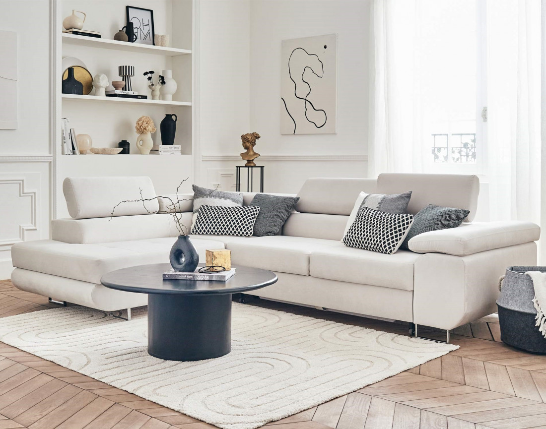 Pablo - canapé d'angle gauche en velours convertible avec coffre et têtières réglables 5 places - style contemporain