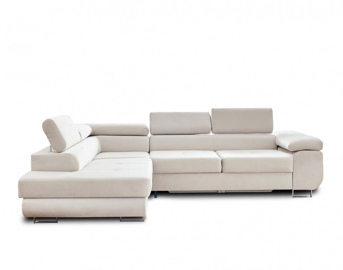 Pablo - canapé d'angle gauche en velours convertible avec coffre et têtières réglables 5 places - style contemporain