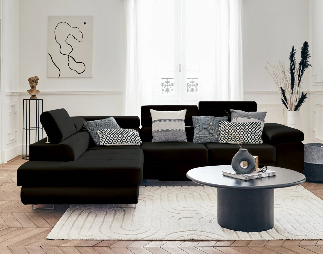 Pablo - canapé d'angle gauche en velours convertible avec coffre et têtières réglables 5 places - style contemporain