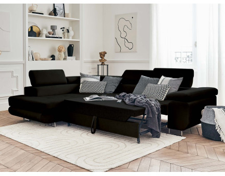 Pablo - canapé d'angle gauche en velours convertible avec coffre et têtières réglables 5 places - style contemporain