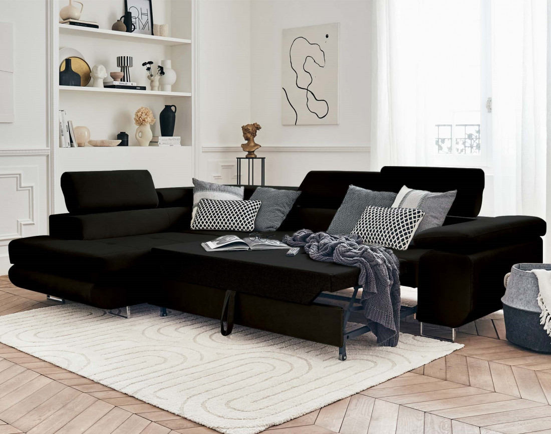 Pablo - canapé d'angle gauche en velours convertible avec coffre et têtières réglables 5 places - style contemporain