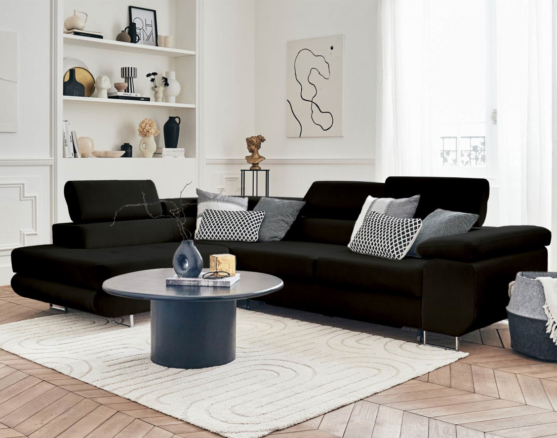 Pablo - canapé d'angle gauche en velours convertible avec coffre et têtières réglables 5 places - style contemporain