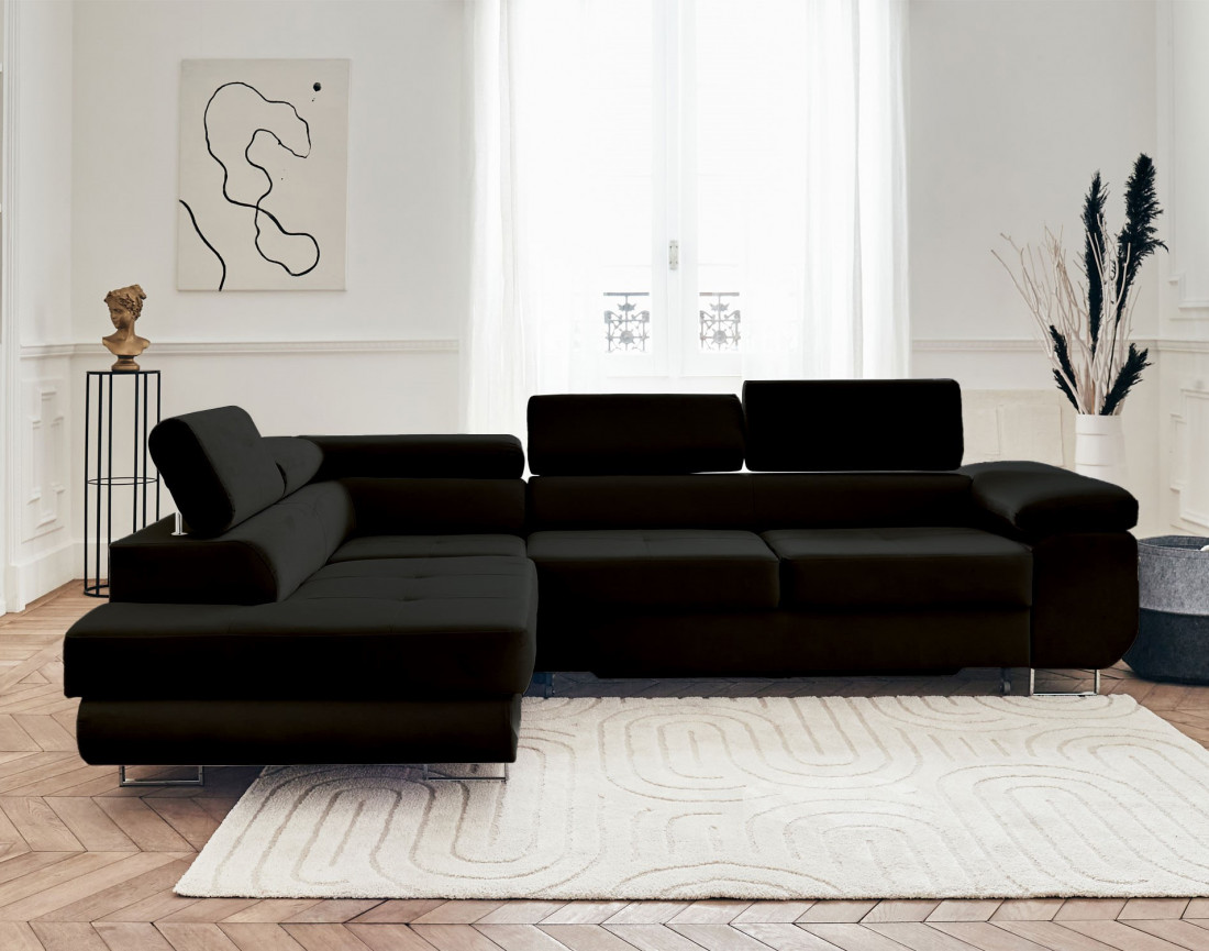 Pablo - canapé d'angle gauche en velours convertible avec coffre et têtières réglables 5 places - style contemporain