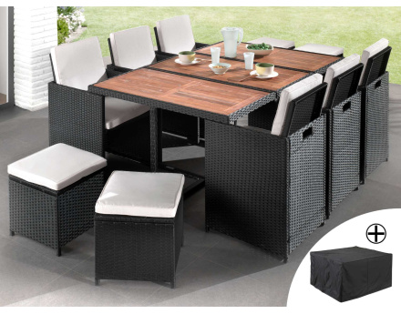 Salon de jardin encastrable 10 places - en résine tressée - Noir avec coussins beiges + housse de protection - Cuba