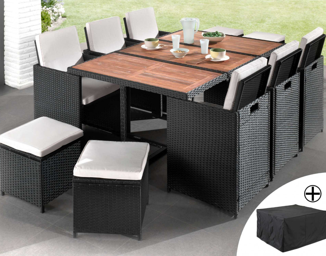 Salon de jardin encastrable 10 places - en résine tressée - Noir avec coussins beiges + housse de protection - Cuba