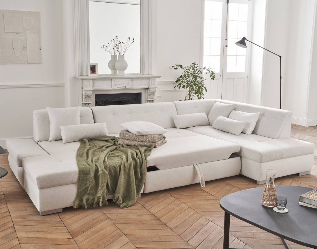 Canapé panoramique d'angle droit 7 places convertible en tissu Vermont