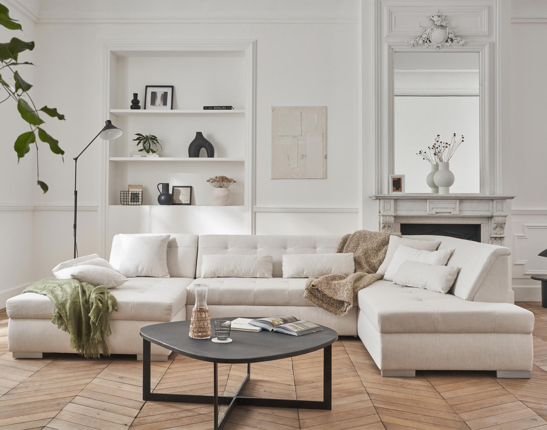 Canapé panoramique d'angle droit 7 places convertible en tissu Vermont