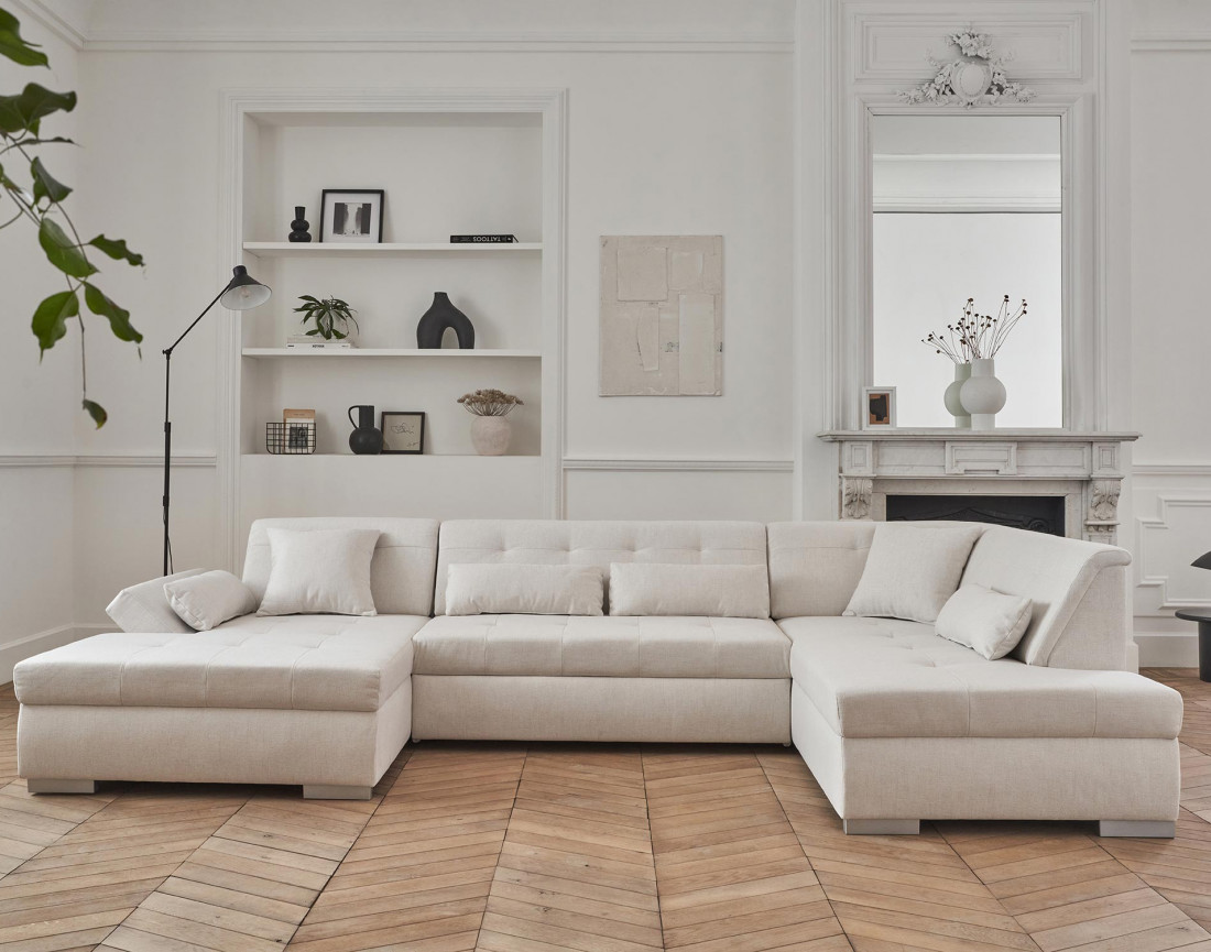 Canapé panoramique d'angle droit 7 places convertible en tissu Vermont