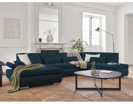 Canapé panoramique d'angle droit 7 places convertible en tissu Vermont