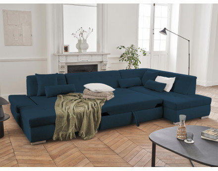 Canapé panoramique d'angle droit 7 places convertible en tissu Vermont