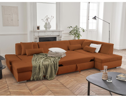 Canapé panoramique d'angle droit 7 places convertible en tissu Vermont