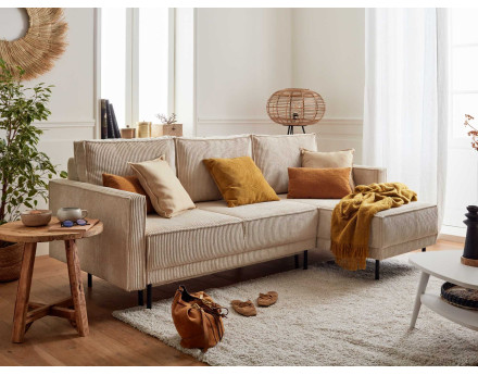 Canapé d'angle réversible 4 places convertible avec coffre en velours côtelé Charlie