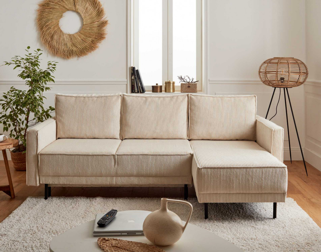 Canapé d'angle réversible 4 places convertible avec coffre en velours côtelé Charlie