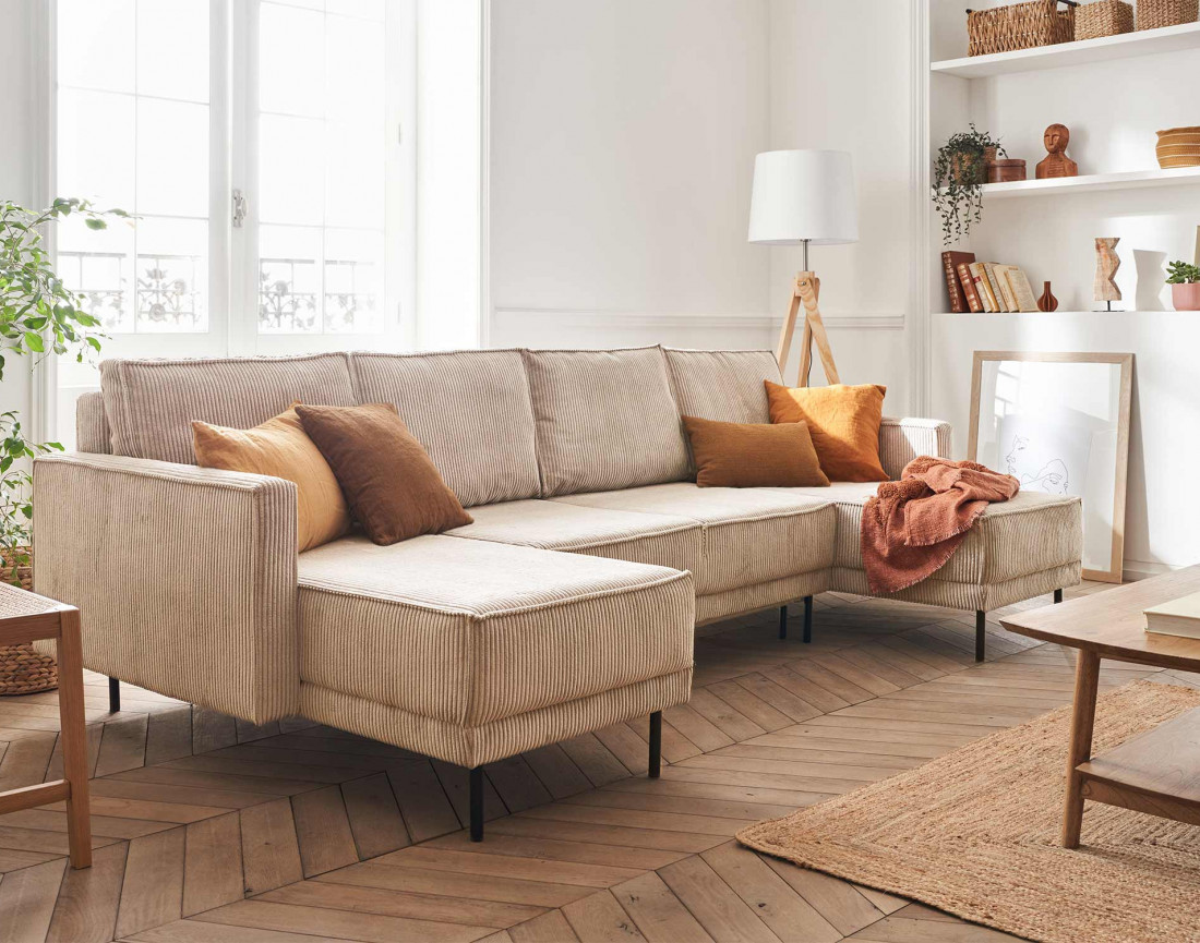 Canapé panoramique convertible avec coffre en velours côtelé 7 places Charlie