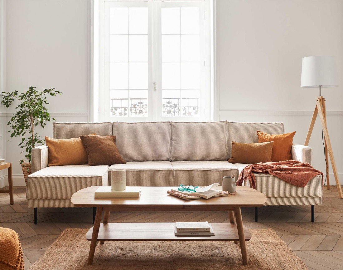 Canapé panoramique convertible avec coffre en velours côtelé 7 places Charlie