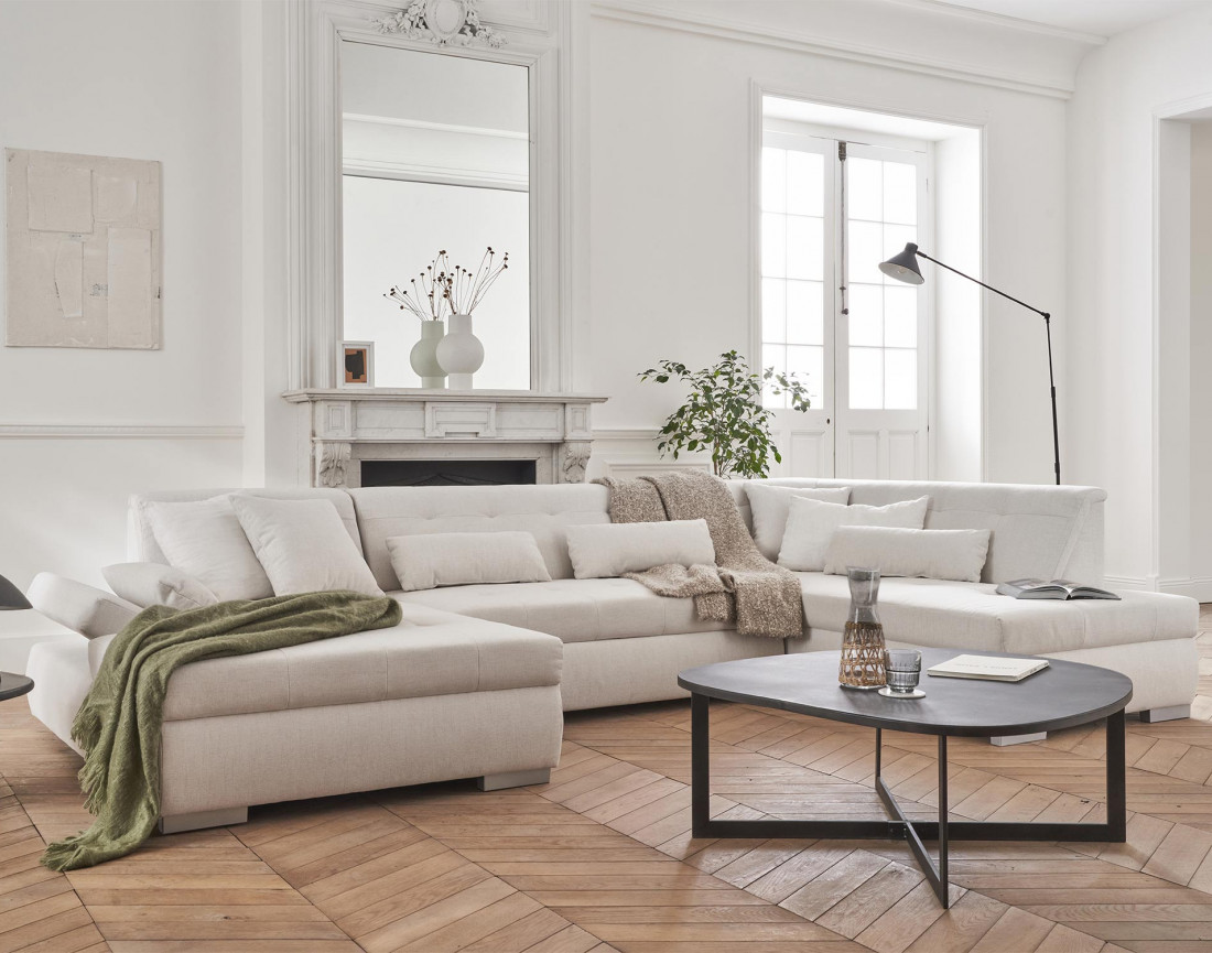 Canapé panoramique d'angle droit 7 places convertible en tissu Vermont