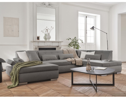 Canapé panoramique d'angle droit 7 places convertible en tissu Vermont