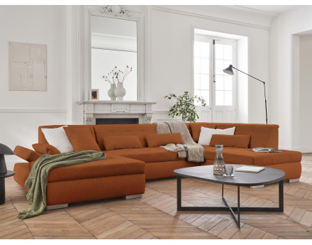 Canapé panoramique d'angle droit 7 places convertible en tissu Vermont