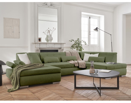 Canapé panoramique d'angle droit 7 places convertible en tissu Vermont