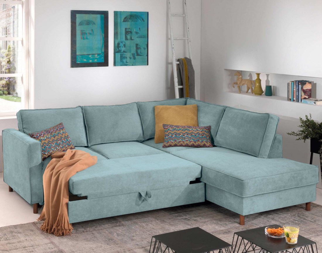 Canapé d'angle droit convertible 5 places en velours côtelé Jake