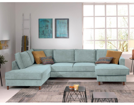 Canapé panoramique d'angle gauche convertible avec coffre 7 places en velours côtelé Jake